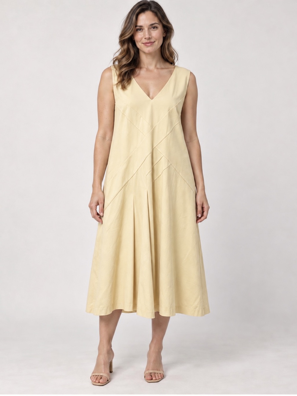 Lafayette 148 New York Sz 18 Light Cream yellow V-Neck Midi Dress
